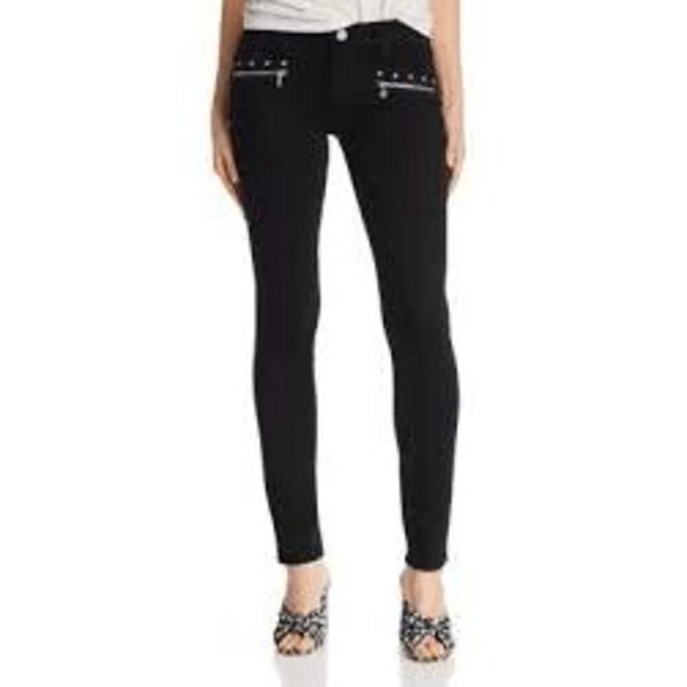 PAIGE Women's Studded Indio Zip Skinny Jeans in Black Shadow Size 26 NWT